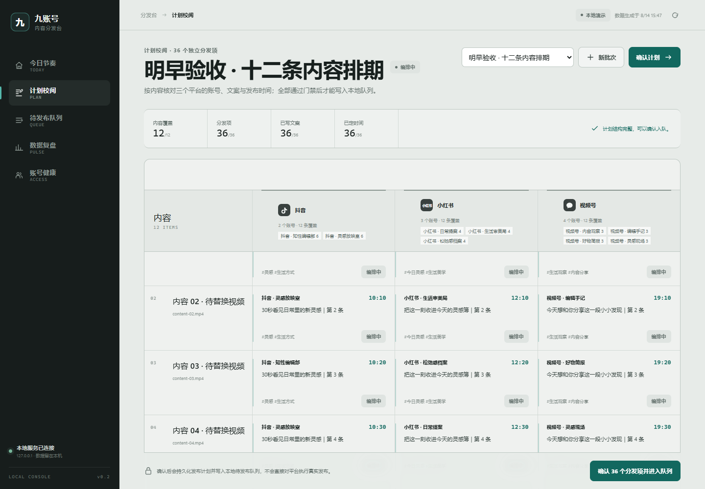 九账号运营中台计划校阅矩阵